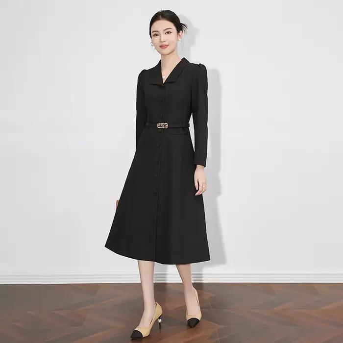Robe longue à col rabattu pour femme avec ceinture à boutonnage simple, robe de bureau pour femme, m
