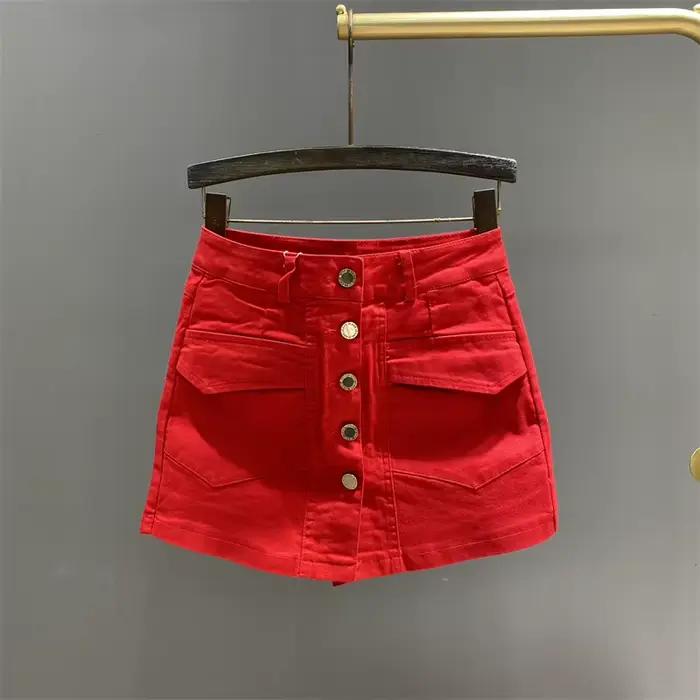Jupe en jean vintage à simple boutonnage pour femme, mini jupes taille haute, hanche ronde, ligne A,