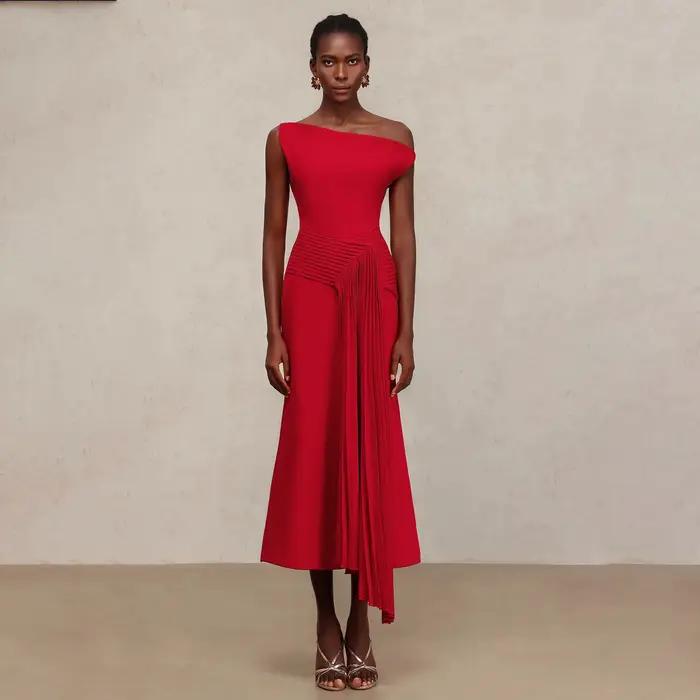 Robe mi-longue plissée rouge à une épaule pour femmes, coupe cintrée, robe de soirée formelle, de Co