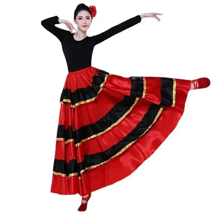 Jupe de danseuse gitane pour femme, style flamenco espagnol, en satin rayé, grande jupe évasée, pour