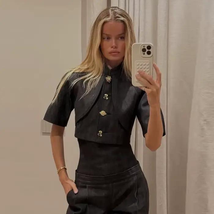 Ensemble tailleur-pantalon en jean pour femme, veste à manches mi-longues boutonnée et pantalon tail