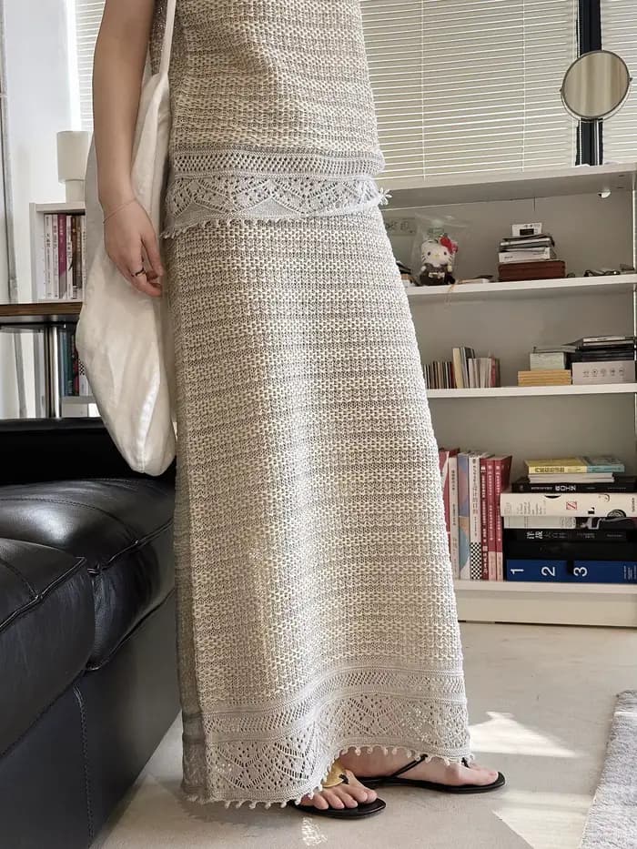 Nouvelle jupe longue ample en micro-maille évidée à taille élastique coupe trapèze pour femme, colle