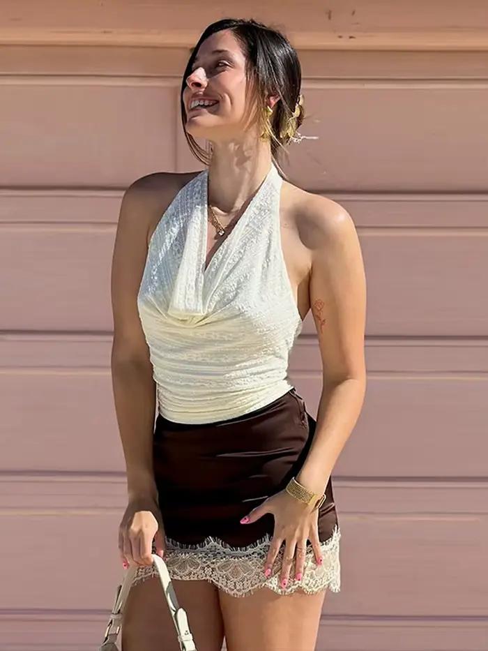 Jupes pour femmes avec patchwork en dentelle, ourlet irrégulier, ajourées, taille haute, coupe ajust