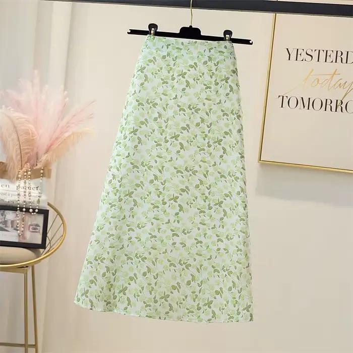 Jupes féminines Floral taille haute jupe femme en mousseline de soie Midi vêtements élégants tendanc