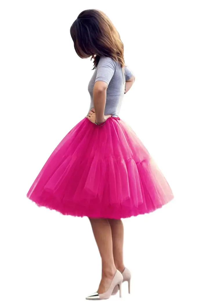 Jupes Tutu en Tulle Fuchsia 6 couches, maille moelleuse, élastique, taille haute, plissée, longueur 