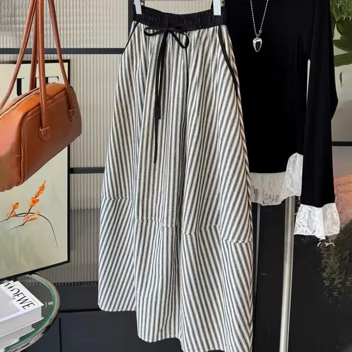 Vintage rayé jupes pour femmes élastique taille haute coupe ajustée Jupe 2025 Faldas Mujer De Moda a