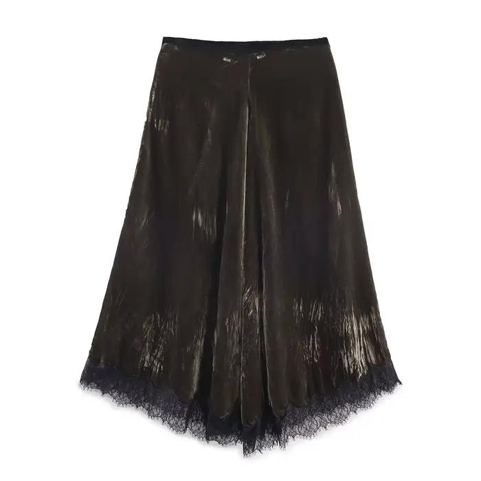 HH femmes mode velours plissé décoration dentelle jupe longue automne femme taille haute côté fermet