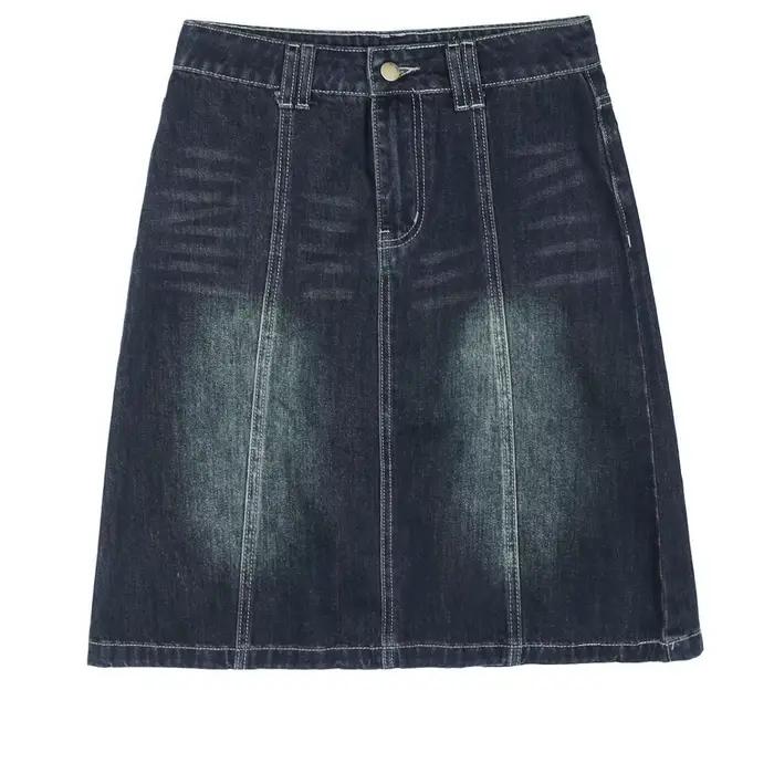 Jupe en jean vintage taille haute pour femme, collection été 2026, coupe trapèze mi-longue