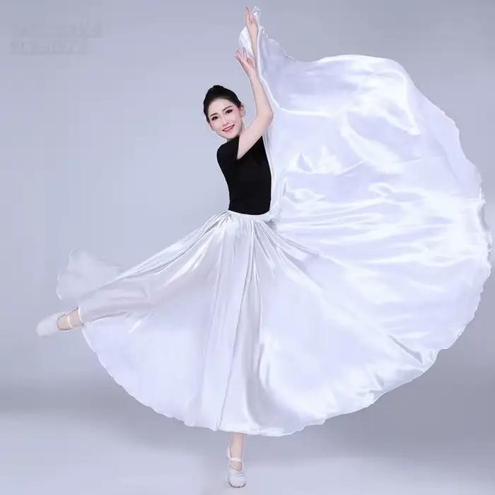 Jupe longue de danse gitane pour femmes, couleur unie, violet, or, en Satin, Yi et Uyghur, Costumes 