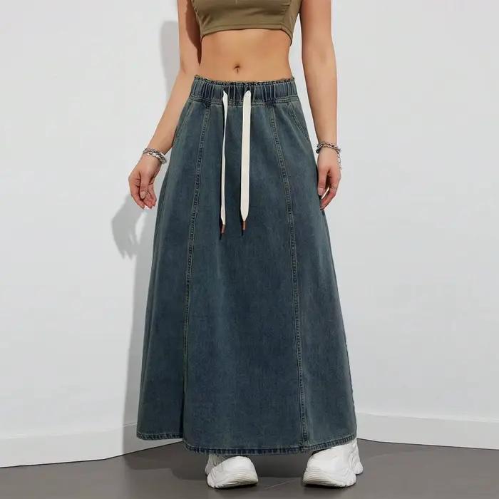 Jupes longues en Denim pour femmes, cordon élastique, taille haute, ligne A, évasée, pour printemps 