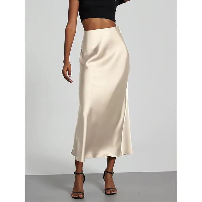 Jupe longue en satin pour femme, taille haute, couleur unie, décontractée, basique, coupe sirène, ch