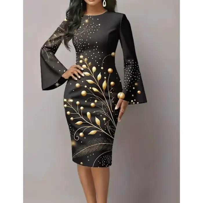 Robe moulante pour femmes, imprimé floral, manches évasées, taille fine, élégante et sexy, robe à ma