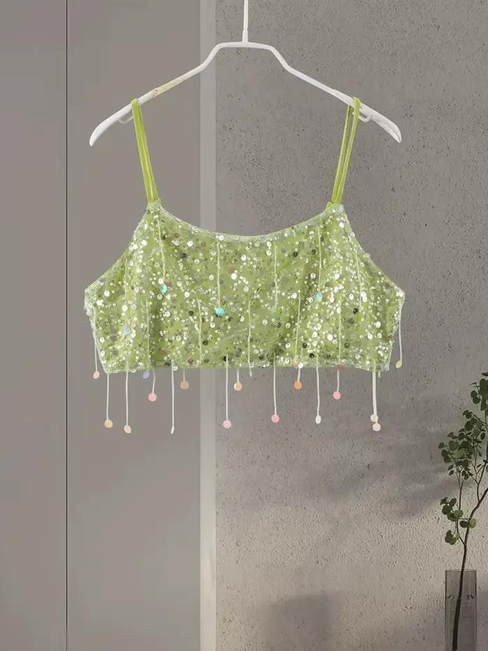 Ensemble jupe courte à franges et paillettes, haut à licou, frangé, Sexy, bretelles perlées scintill