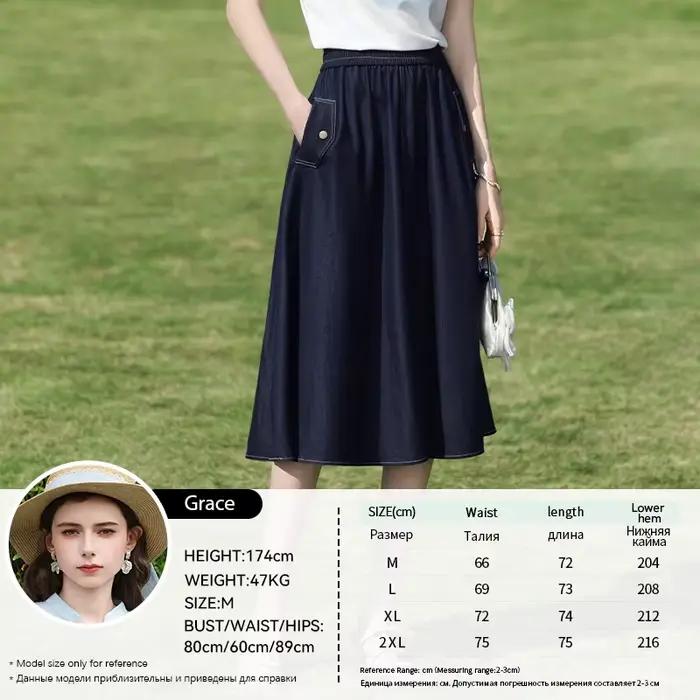 I BELIEVE YOU Jupe midi en jean bleu foncé pour femme, collection Printemps 2026, taille élastique, 