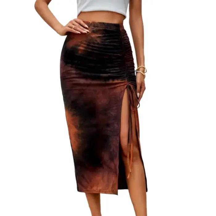 Jupe fendue sexy pour femme, motif imprimé décontracté, plissée avec décoration nouée, jupe trapèze 