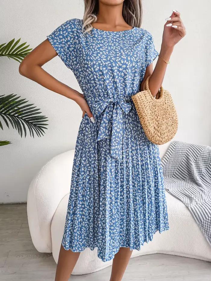 Robe longue plissée à fleurs pour femmes, manches courtes, taille haute, printemps, été