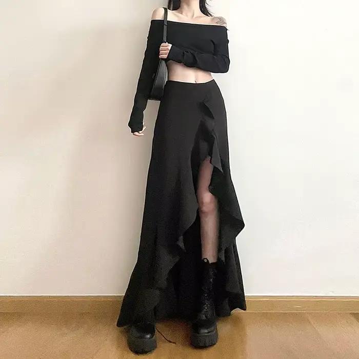 Jupes longues pour femmes, style gothique, asymétriques, fendues, Y2K, Harajuku, Vintage, Grunge