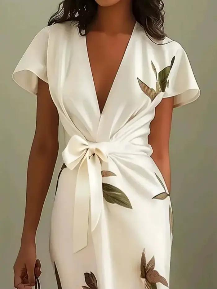 Robe portefeuille mi-longue élégante à imprimé Floral pour femmes, col en v, manches courtes, cravat