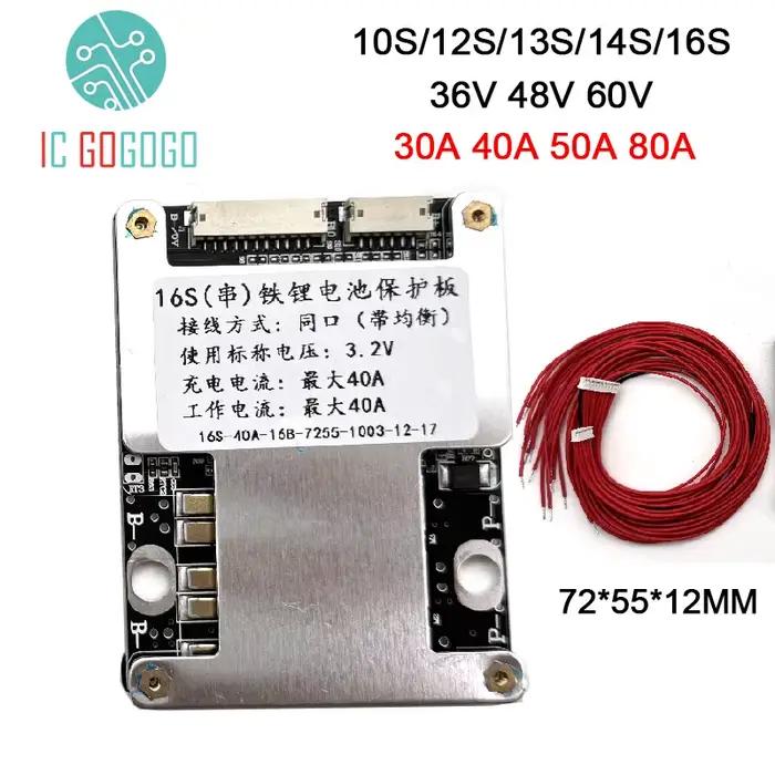 Carte de protection de batterie au lithium, Balance BMS, 30A, 40A, 50A, 80A, 12S, 13S, 14S, 16S, 17S