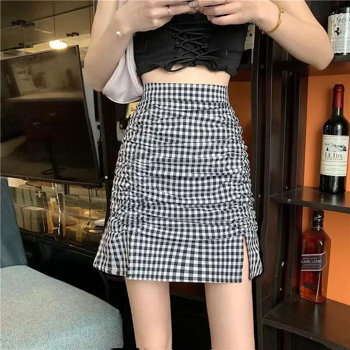 Jupe plissée fendue à carreaux tendance, taille haute et anti-transparence, coupe trapèze pour femme
