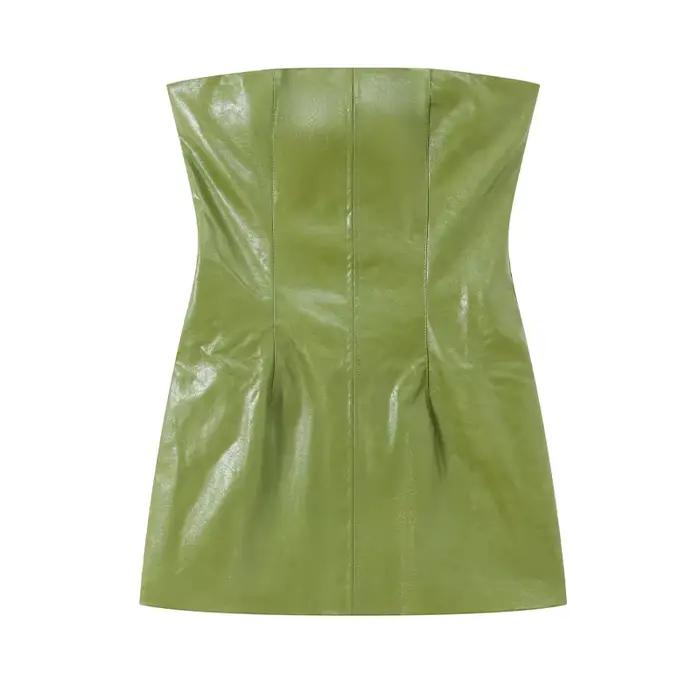 Ensemble jupe en cuir vert Vintage pour femmes, jupe courte sans bretelles, couleur unie, veste à fe
