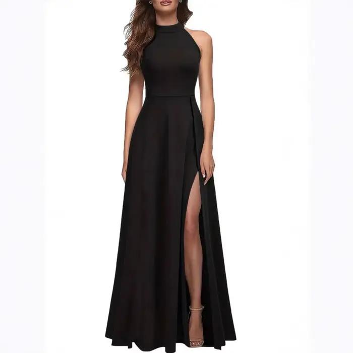 Robe de soirée longue à col haut et fente latérale de couleur unie pour femmes - Robe élégante et am