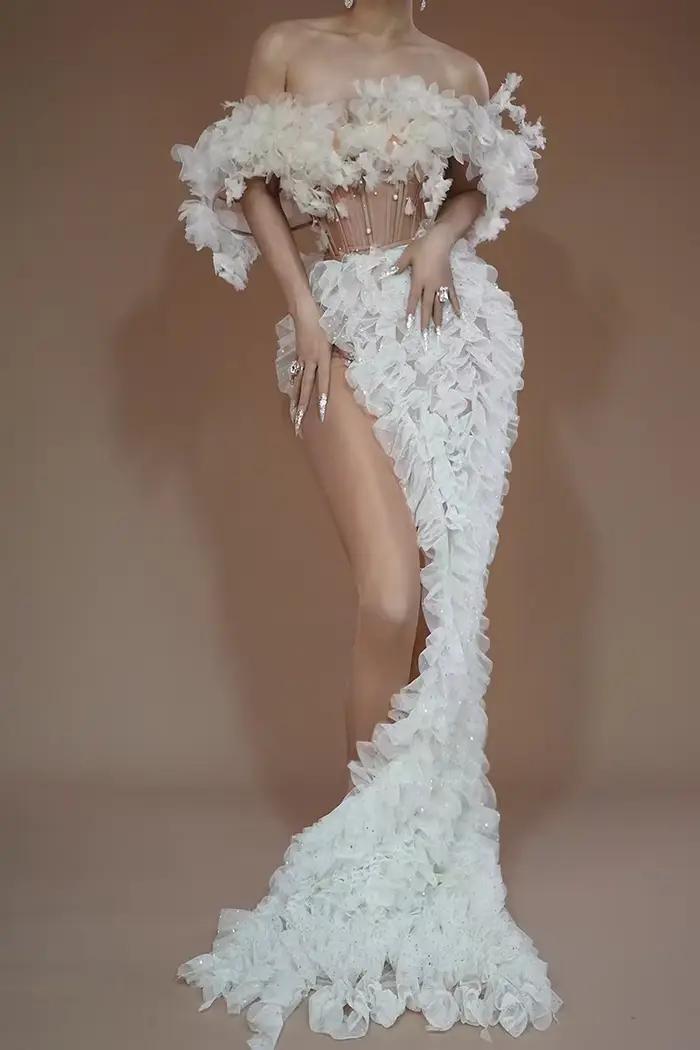 Jupe longue personnalisée, Perspective ajourée, sans bretelles, Sexy, fente haute, robe en maille bl