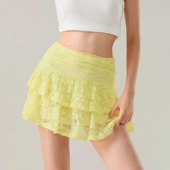 Mini jupe en dentelle pour femmes, taille basse, ligne a, jupe superposée à volants, pour fête quoti