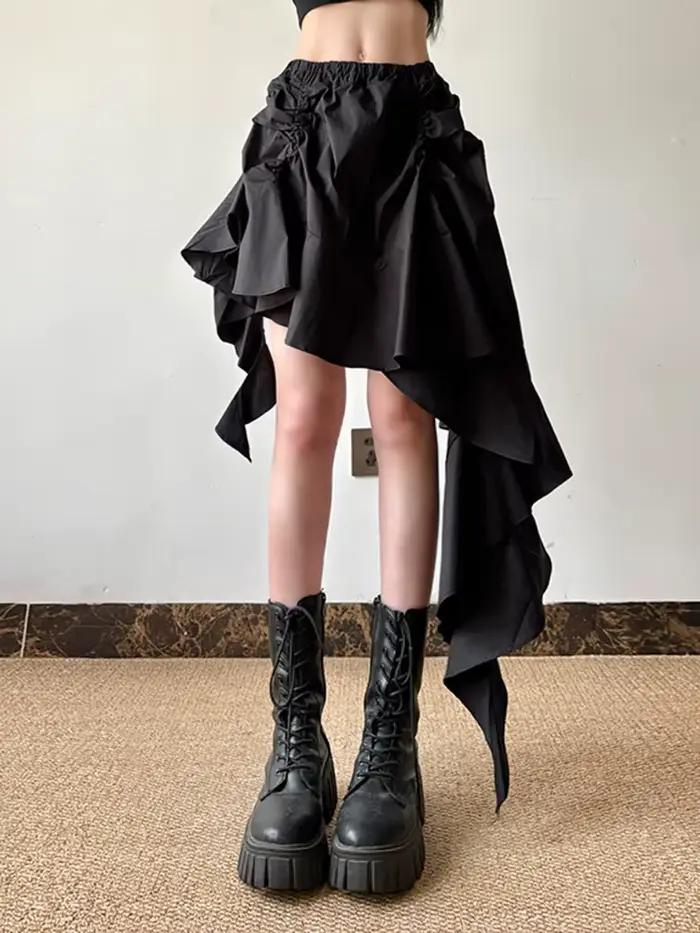 [EAM] taille haute élastique noir conception irrégulière volants Mini demi-corps jupe femmes mode ma