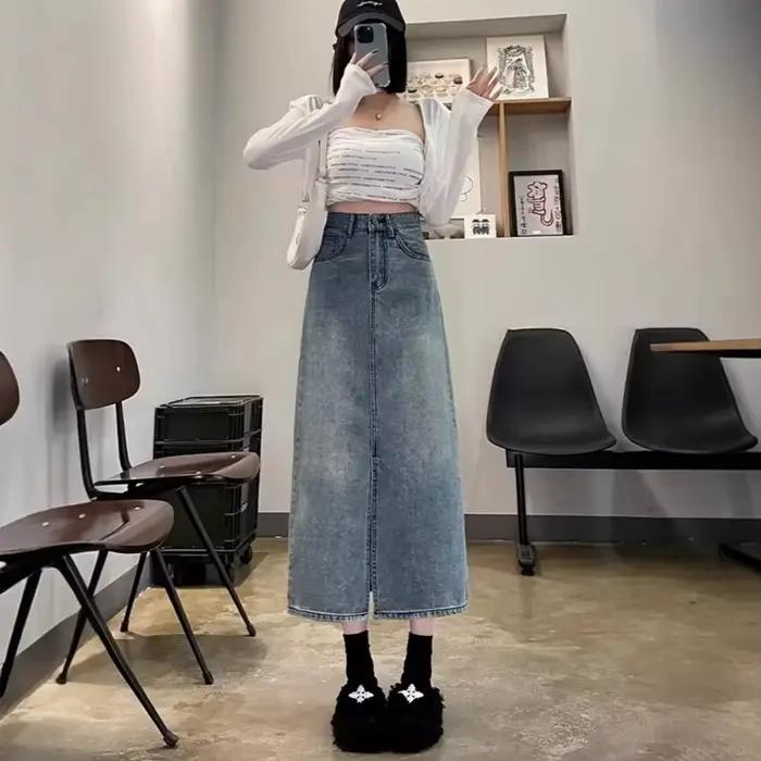 Jupe mi-longue en jean taille haute pour femme, style coréen rétro, nouvelle collection printemps-ét