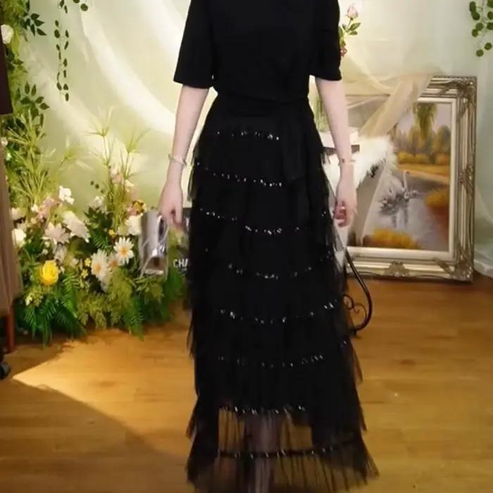 Jupe de soirée en tulle à 8 couches avec sequins, taille haute, coupe trapèze, style robe de fête, p