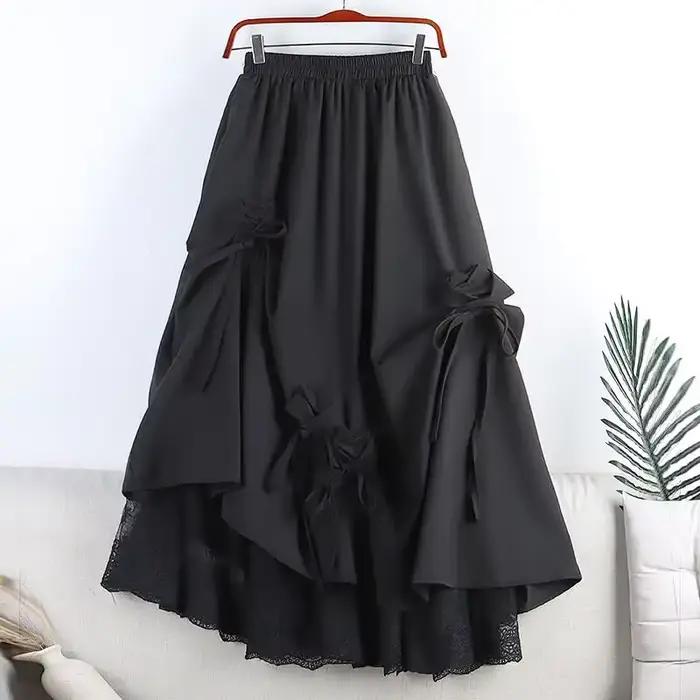 Jupe longue blanche féerique pour femme - Détails nœuds, ourlet en dentelle, design asymétrique