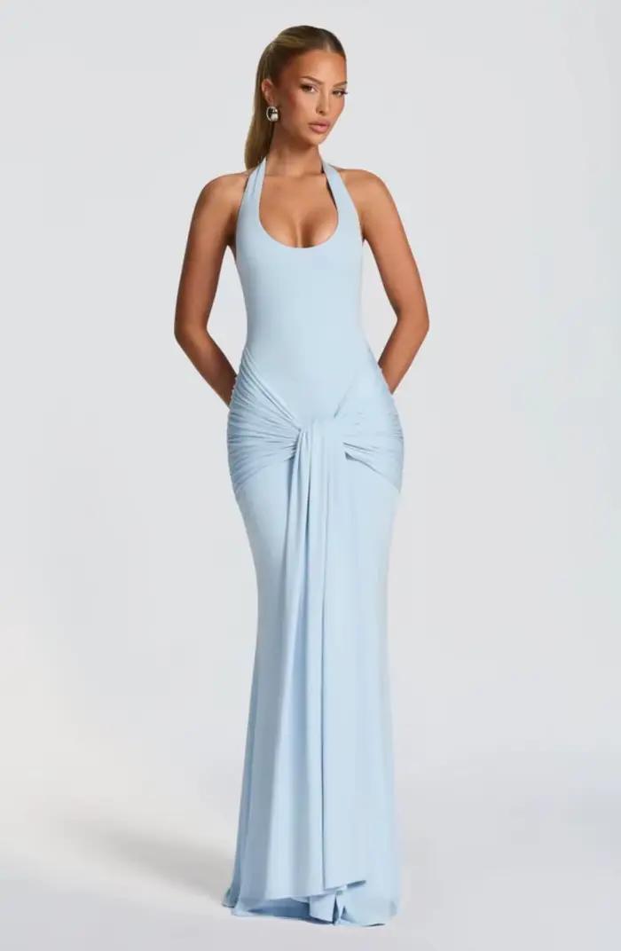 Robe longue élégante à col en U et ceinture, coupe ajustée pour femme, style streetwear, en maille, 