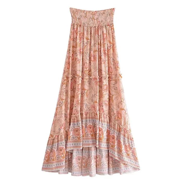Jupe de plage vintage pour femmes, style bohème, imprimé floral paon, taille haute élastique, maxi, 