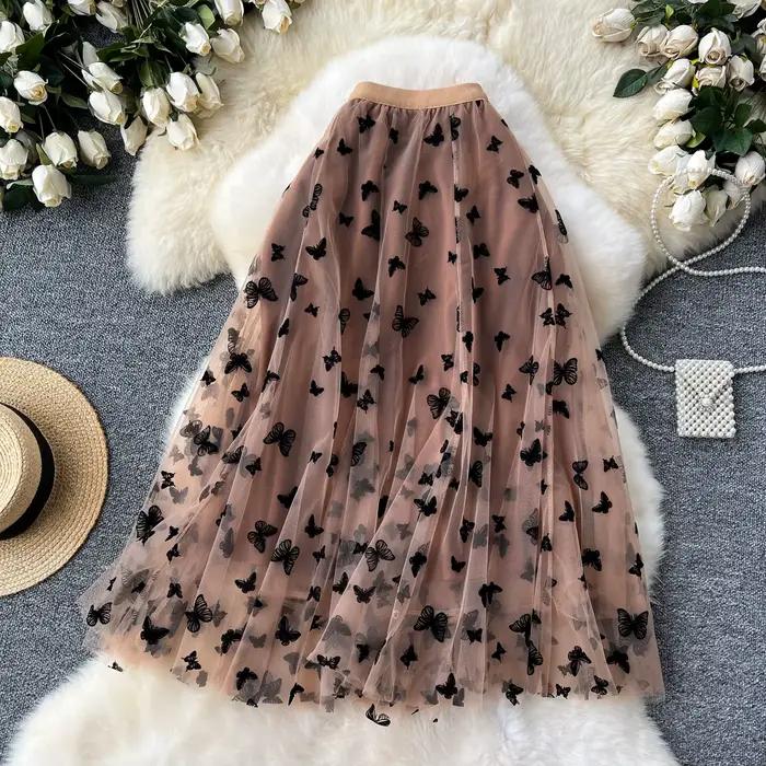 Jupe élégante pour femme, taille haute, coupe trapèze, brodée, en résille, style féerique, amincissa