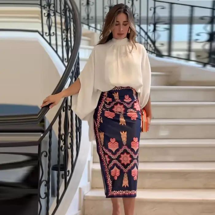 Femmes jupe ensemble deux pièces ensembles robe mince ensembles moulante imprimé fleuri manches long