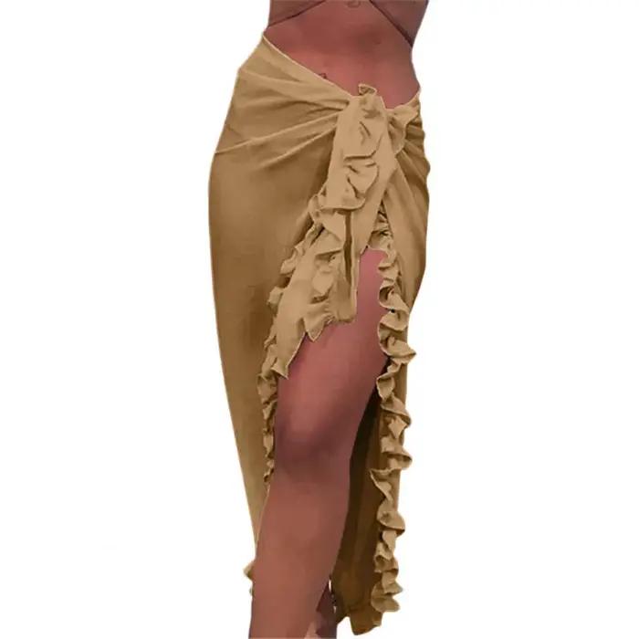 Jupe de plage à volants pour femmes, couleur unie, fendue, à lacets, protection solaire, longueur mi