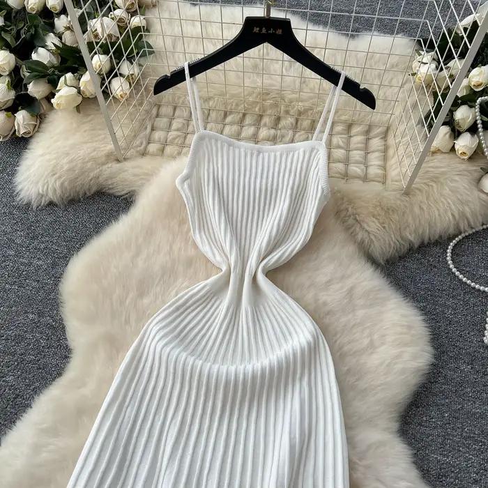 Robe longue plissée tricotée, taille haute, mi-longue, écharpe, élégante, sans manches, jaune, Stree