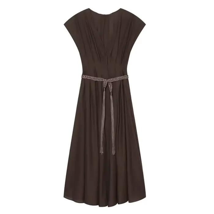 Robe midi élégante en satin marron pour femme, à manches courtes, col en V, avec ceinture à franges 