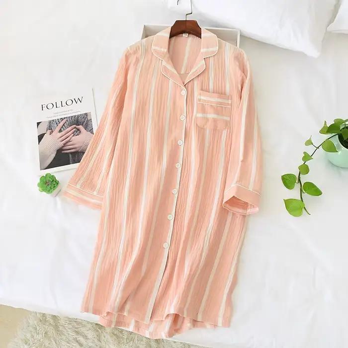 Chemises de nuit mi-longues en coton pour femmes, chemises de nuit mi-longues à rayures pour la mais