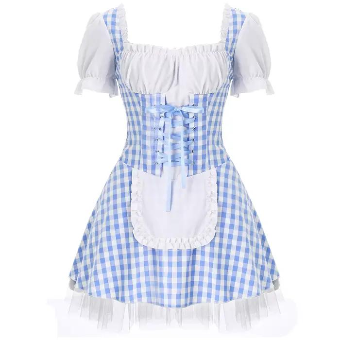Robe vichy bleue pour femmes, imprimé écossais, manches courtes, en Tulle, conte de fées, Halloween,