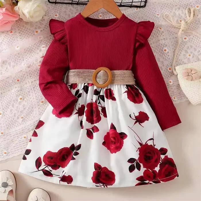 Robe à manches longues pour filles de 1 à 7 ans, jupe à fleurs avec ceinture, tenue de fête d'annive