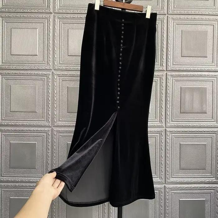 2025 Faldas Mujer De Moda Vintage Jupe longue taille haute a-ligne velours Jupe mode simple boutonna
