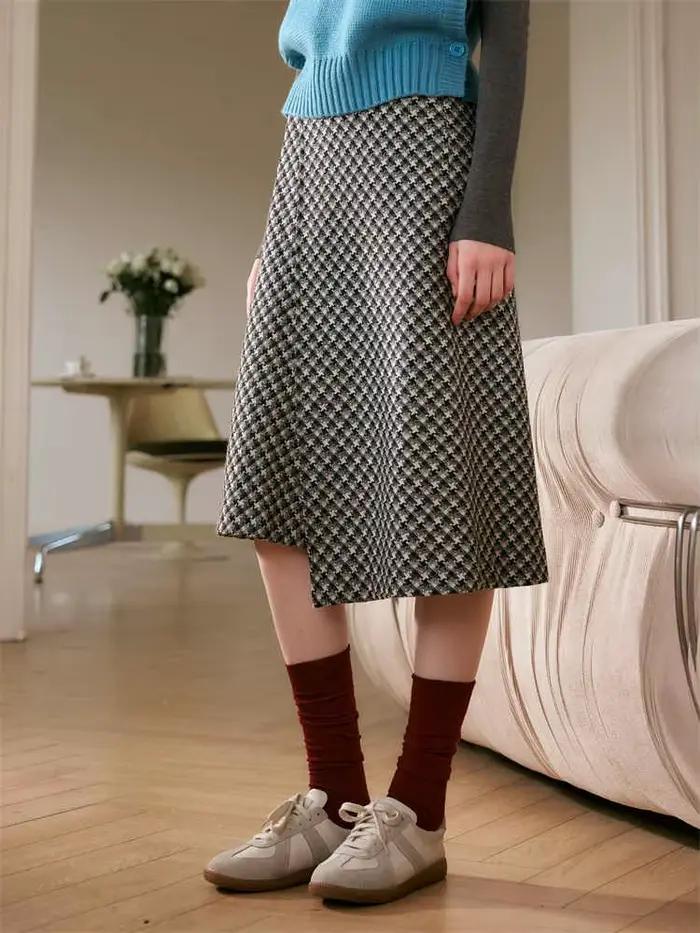 Jupes crayon à carreaux OLrain pour femmes, collection Printemps 2026, style français, coupe trapèze