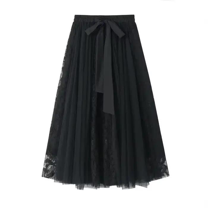 Mode polyvalent Tutu Tulle jupe femmes jupe longue coréenne mignon nœud taille haute dentelle brodée