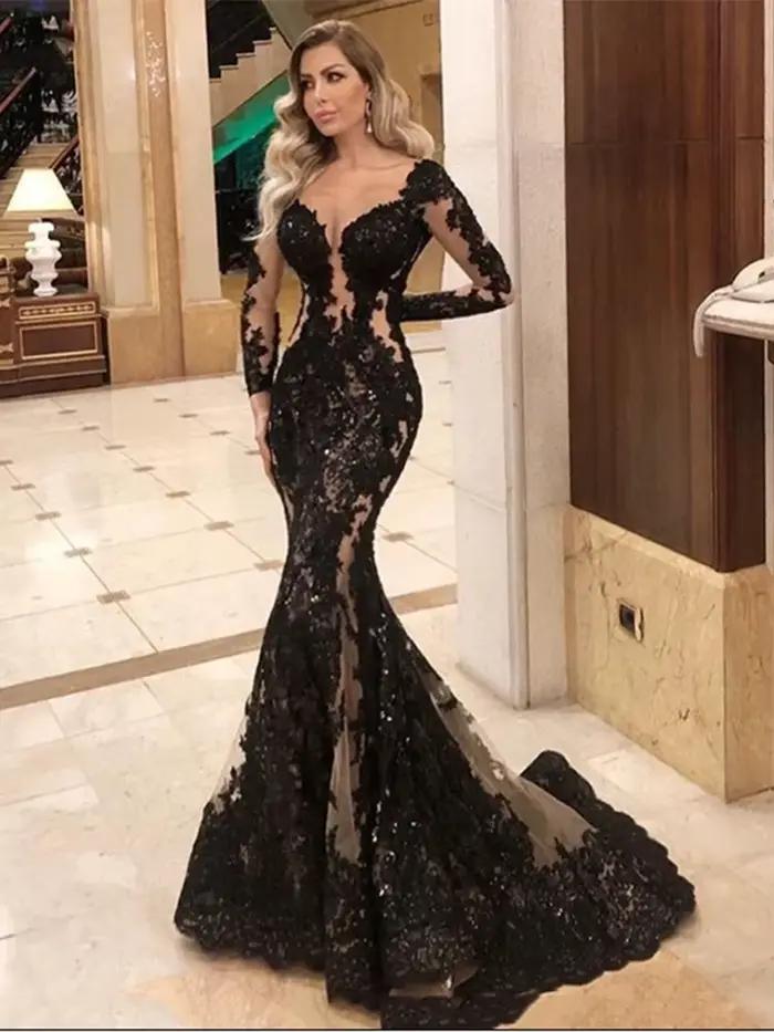 Robe de Mariée Noire à Manches sulfet Col en V, Tenue de Soirée de Luxe, Élégante, Nouvelle Collecti