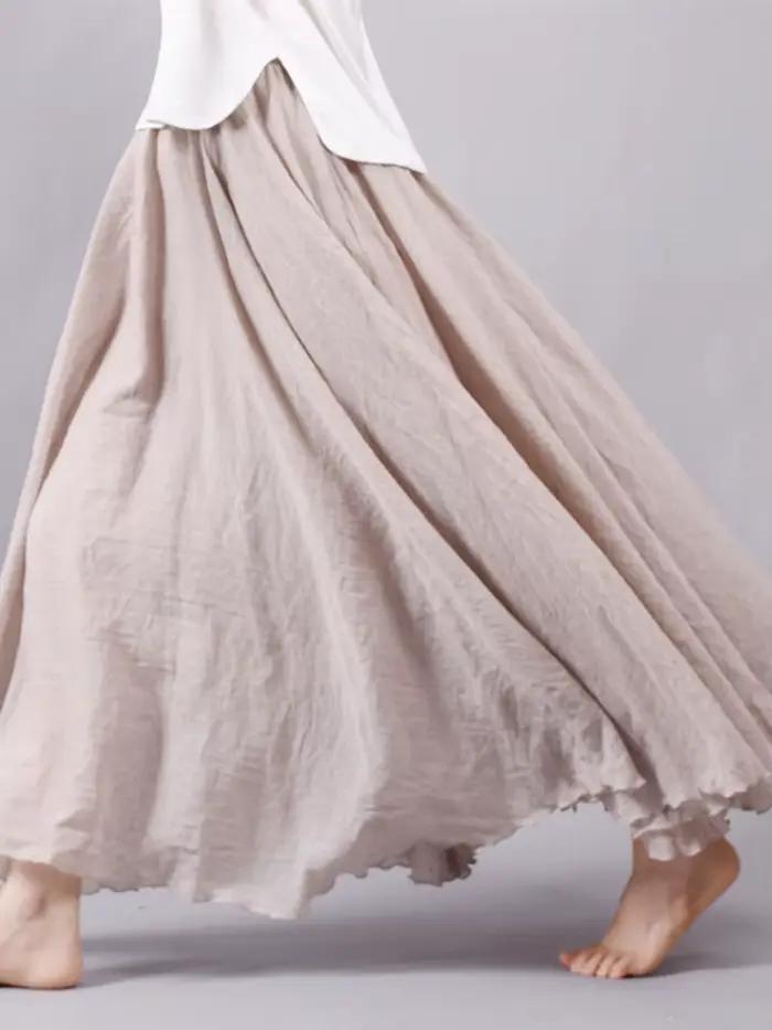 Jupe maxi en lin taille haute pour femmes, élégante, décontractée, élastique, 2 couches, été, 2024