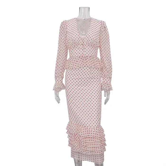 Ensemble jupe et haut imprimé à col en V et manches longues, nouvelle collection, pour femme