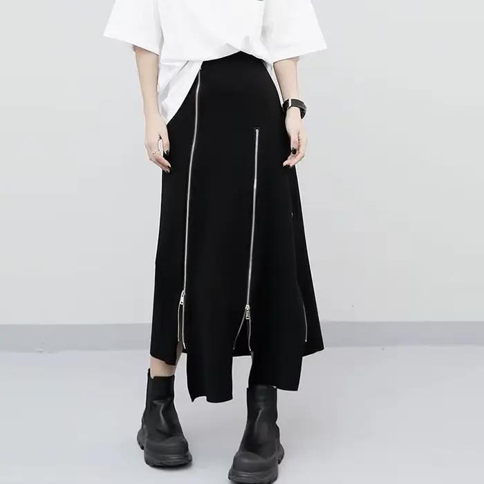 Jupe taille haute pour femme, style punk Harajuku, irrégulière, fermeture éclair, gothique, noir, hi