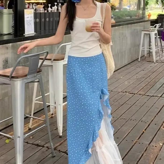 Petite jupe midi florale pour femmes en été, taille haute, coupe ample, maille épissée, fausse jupe 